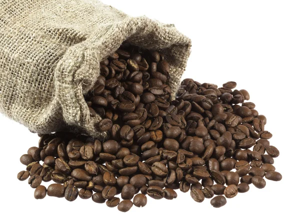 Kaffebönor i canvas säck — Stockfoto