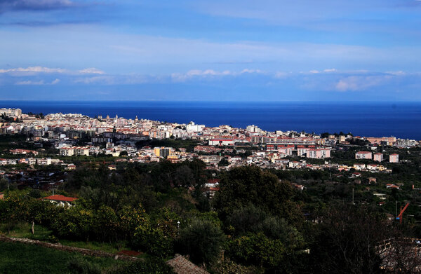 Panoramic view of the towm and the sea in Sicily