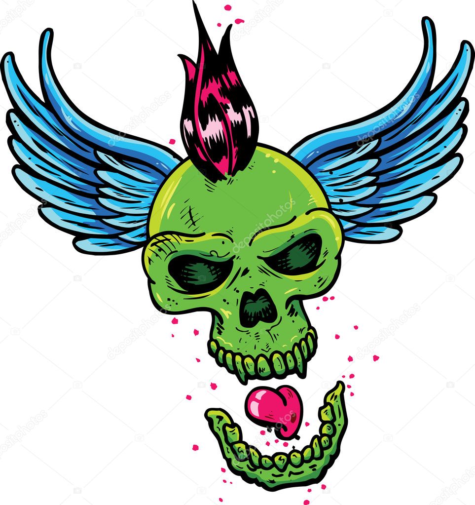 Punk tattoo style skull with wings
