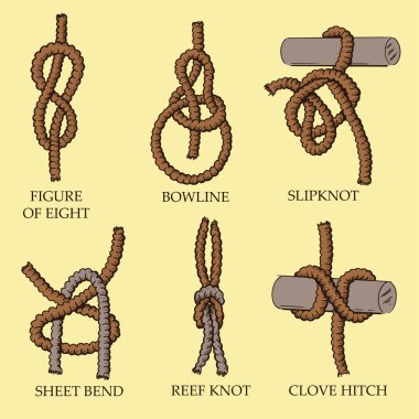 A collection of knots and hitches illust clipart