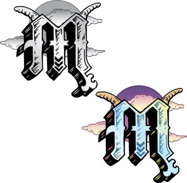 Tattoo style letter M with relevant symb clipart