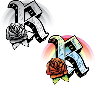 Tattoo style letter R with relevant symb clipart