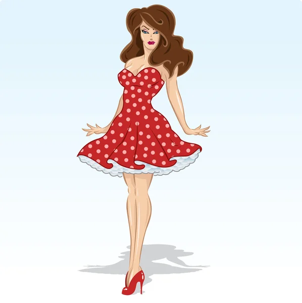 Beautiful brunette model in a red polka — Stock Vector