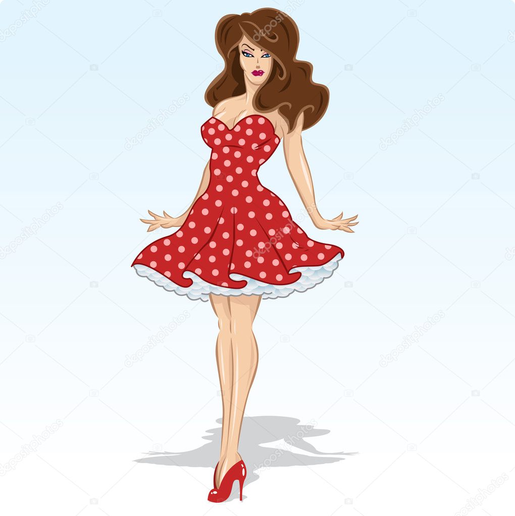 Beautiful brunette model in a red polka