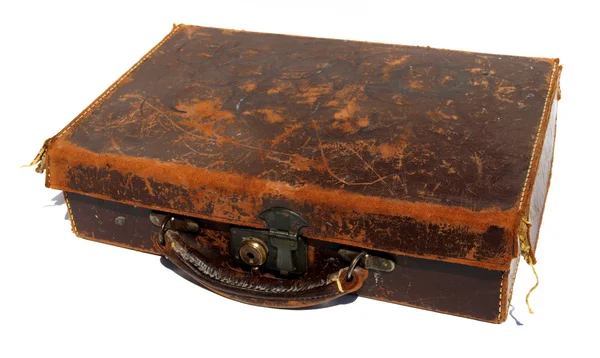 Otlučený starý kufr hnědá kůže — Stock fotografie