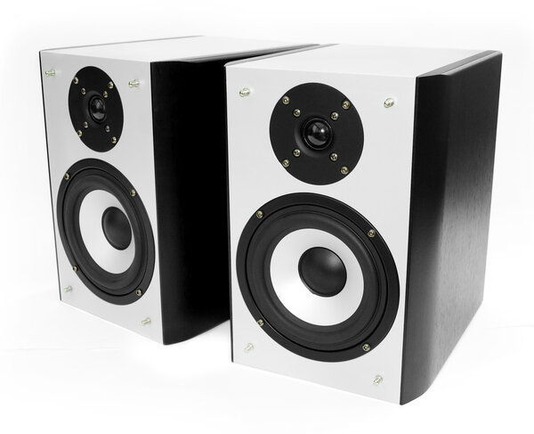 Two silver and black speakers against a white background
