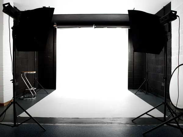 stock image Empty studio with lights and white backg