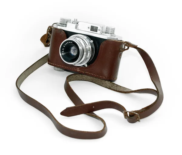 Câmera vintage velha em um caso de couro aga — Fotografia de Stock