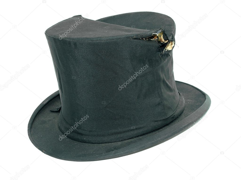 Vintage broken black top hat isolated ag