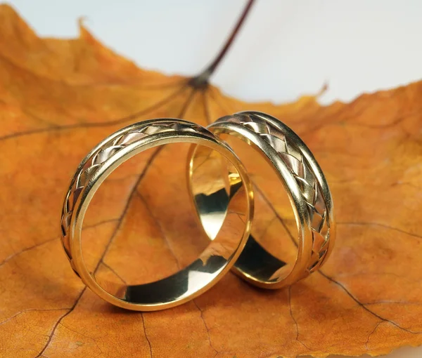 Обручальные кольца на осеннем листе — стоковое фото
