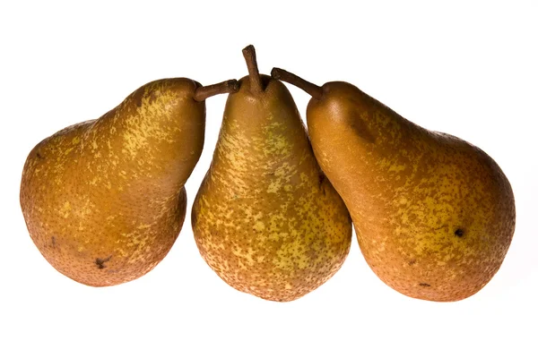 三个黄色梨，分别在白色. — 图库照片