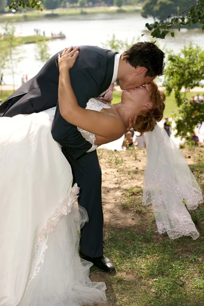 A vőlegény és a menyasszony csókja — Stock Fotó