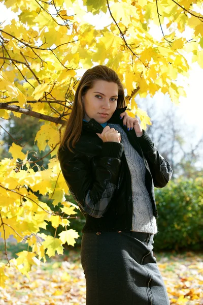 Dívka proti podzimní listí — Stock fotografie