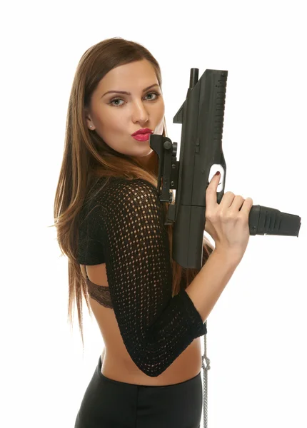 A menina com uma pistola automática — Fotografia de Stock