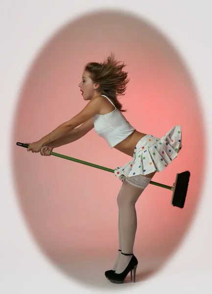 Pin-Ap the girl on a broom — Stock Photo, Image