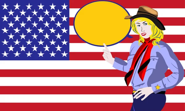 Cowgirl davanti alla bandiera statunitense — Vettoriale Stock