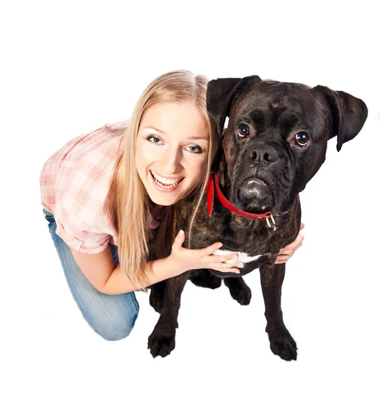 Blonde vrouw met boxer hond — Stockfoto