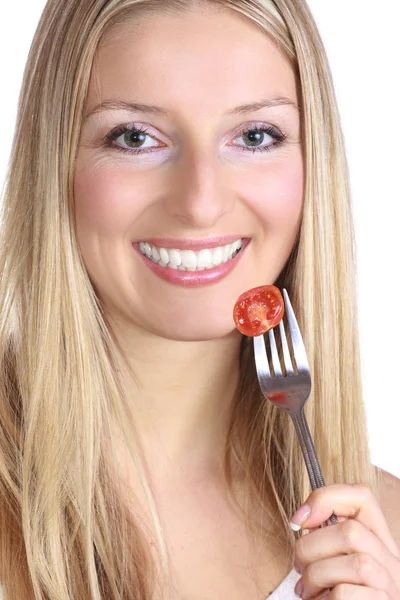 Frau mit Tomate — Stockfoto