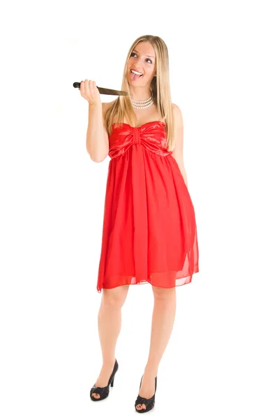 Mulher de vestido vermelho com faca — Fotografia de Stock