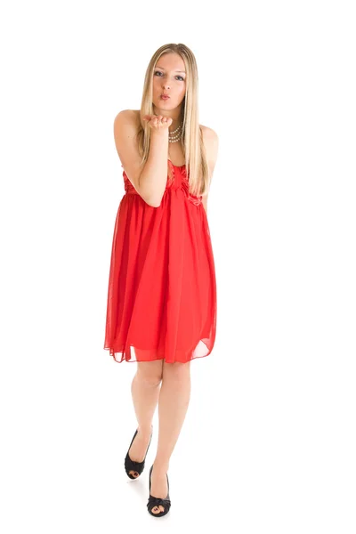 Hvit blond kvinne i rød kjole – stockfoto
