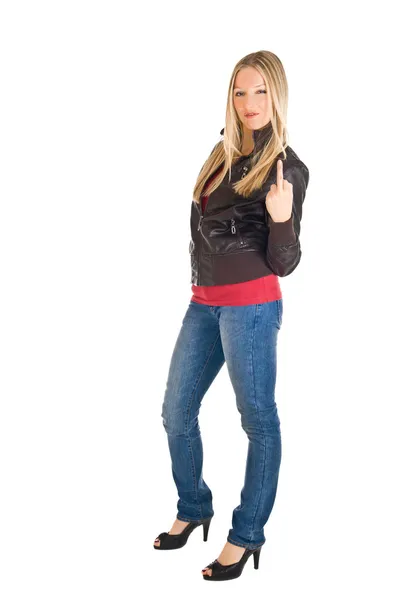 Kvinna i skinnjacka och jeans — Stockfoto