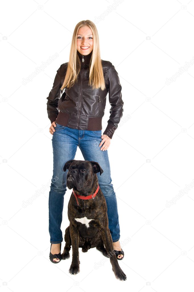 Woman in leather jacket and dog