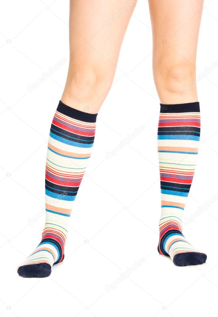 Caucasian woman legs in colorful socks