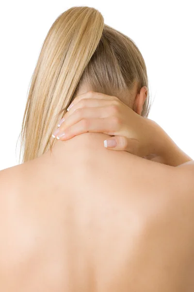 Femme avec douleurs à la colonne vertébrale et au dos — Photo