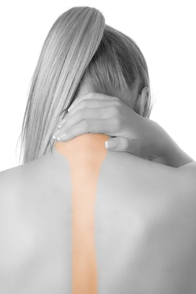 Mulher com dores na coluna e nas costas — Fotografia de Stock