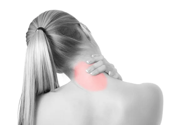Frau mit Wirbelsäule und Rückenschmerzen — Stockfoto