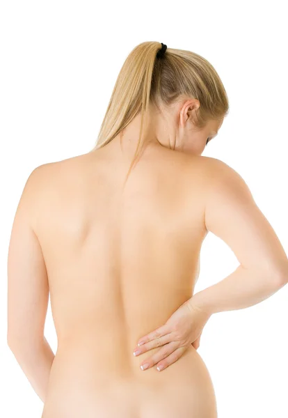 Femme avec douleurs à la colonne vertébrale et au dos — Photo