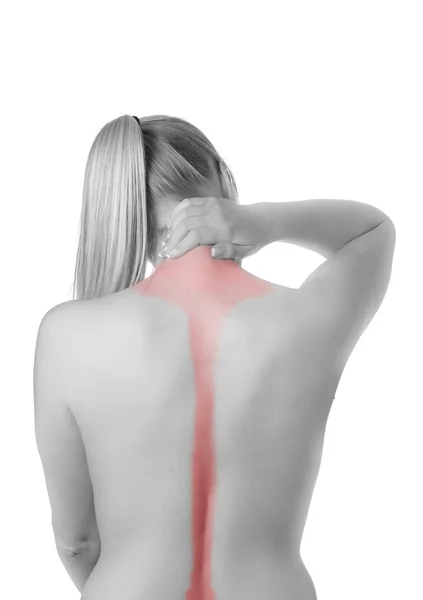 Vrouw met wervelkolom en rug pijn — Stockfoto