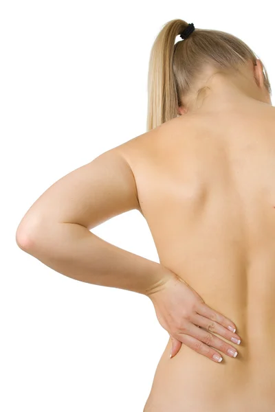 Kobieta z bóle kręgosłupa i pleców — Zdjęcie stockowe