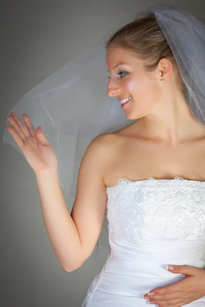 Novia posando en vestido de novia y velo — Foto de Stock
