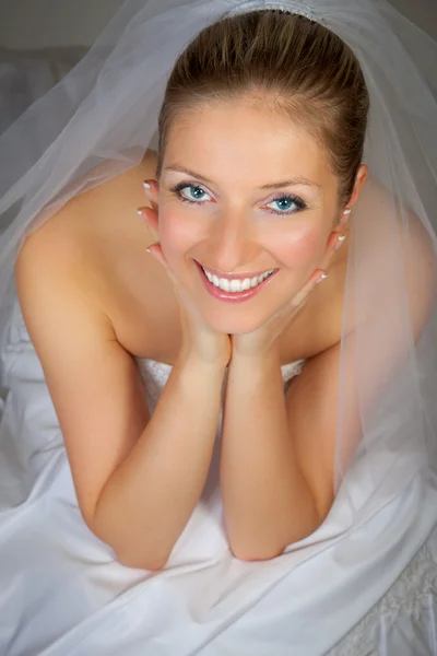 Novia posando en vestido de novia y velo —  Fotos de Stock