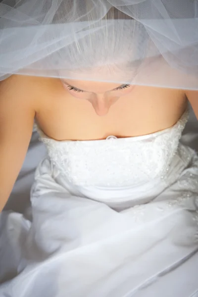 Nevěsta pózuje v svatební šaty a závoj — Stock fotografie