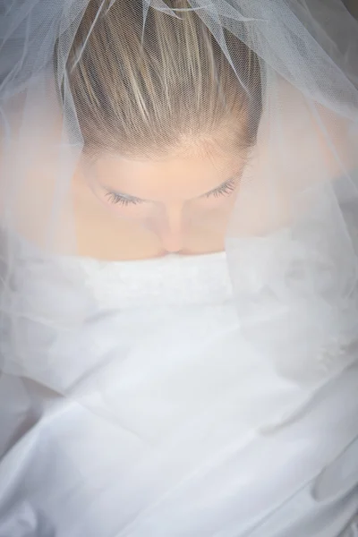 Nevěsta pózuje v svatební šaty a závoj — Stock fotografie