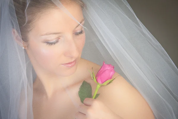 Наречена позує у весільній сукні та троянді — стокове фото