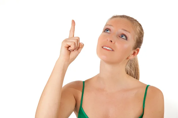 Isolated woman pointing hand — Stock Photo, Image