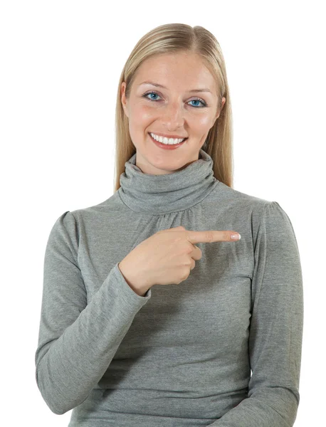 Isolierte Frau zeigt mit der Hand — Stockfoto