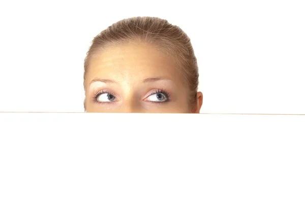Blond woman with white board Stock Picture