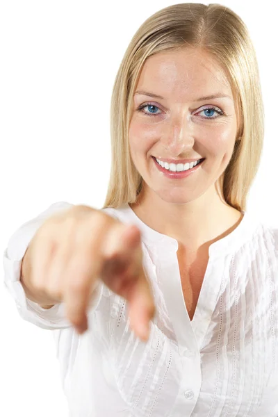 Mulher apontando dedo — Fotografia de Stock