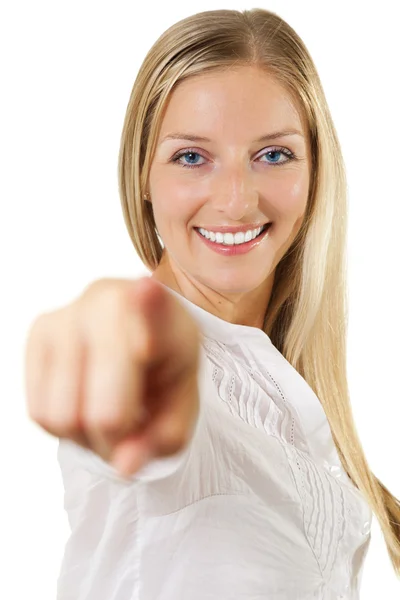Woman pointing finger — Stock Photo, Image