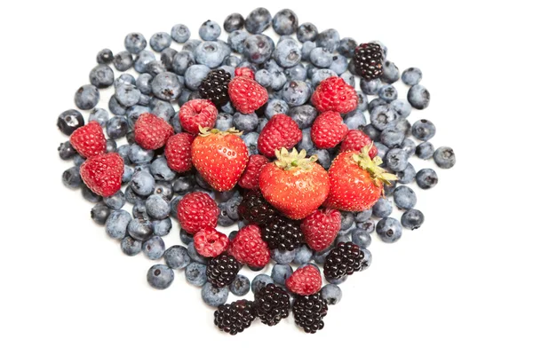 Composition of ripe black and red raspberries, strawberries and — Stock Photo, Image