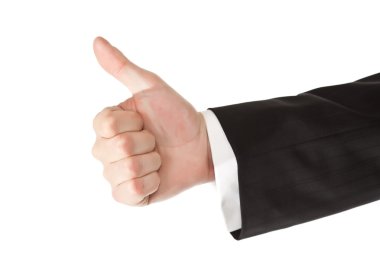 Business man hand thumbs up on white isolated background clipart