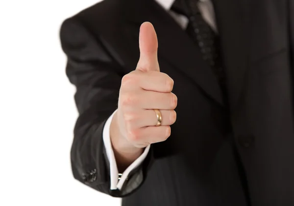 西装竖起大拇指被隔绝在白色背景上的业务人 — 图库照片