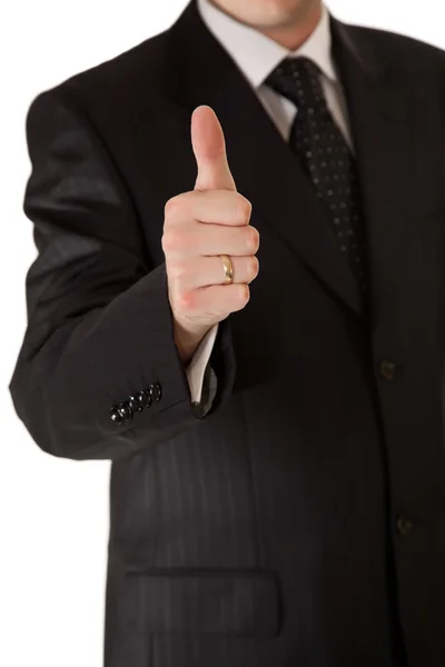 西装竖起大拇指被隔绝在白色背景上的业务人 — 图库照片