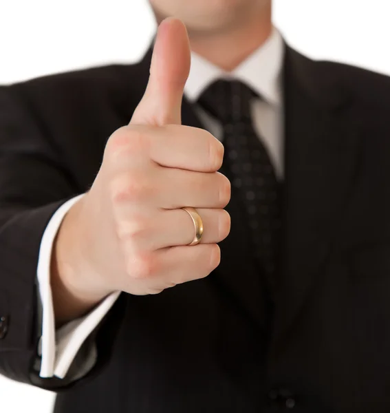 Homem de negócios de terno polegares para cima no fundo isolado branco — Fotografia de Stock