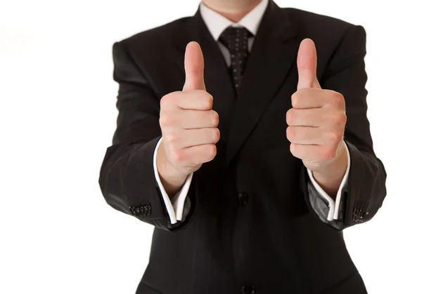 Business man in suit thumbs up on white isolated background — Stock Photo, Image