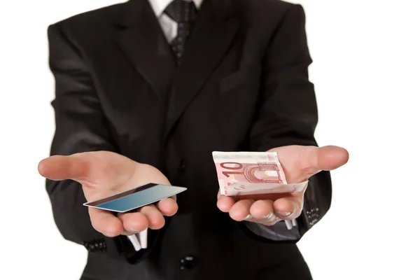 Hombre de negocios con dinero y tarjeta de crédito en blanco aislado bac — Foto de Stock